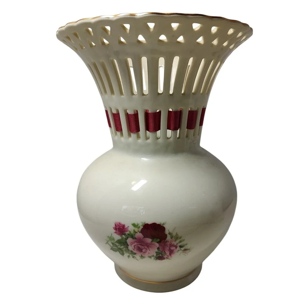 Formalities by Baum Bros Vase Reticulated Rose 1980s Vintage‎ 9.5 Inches